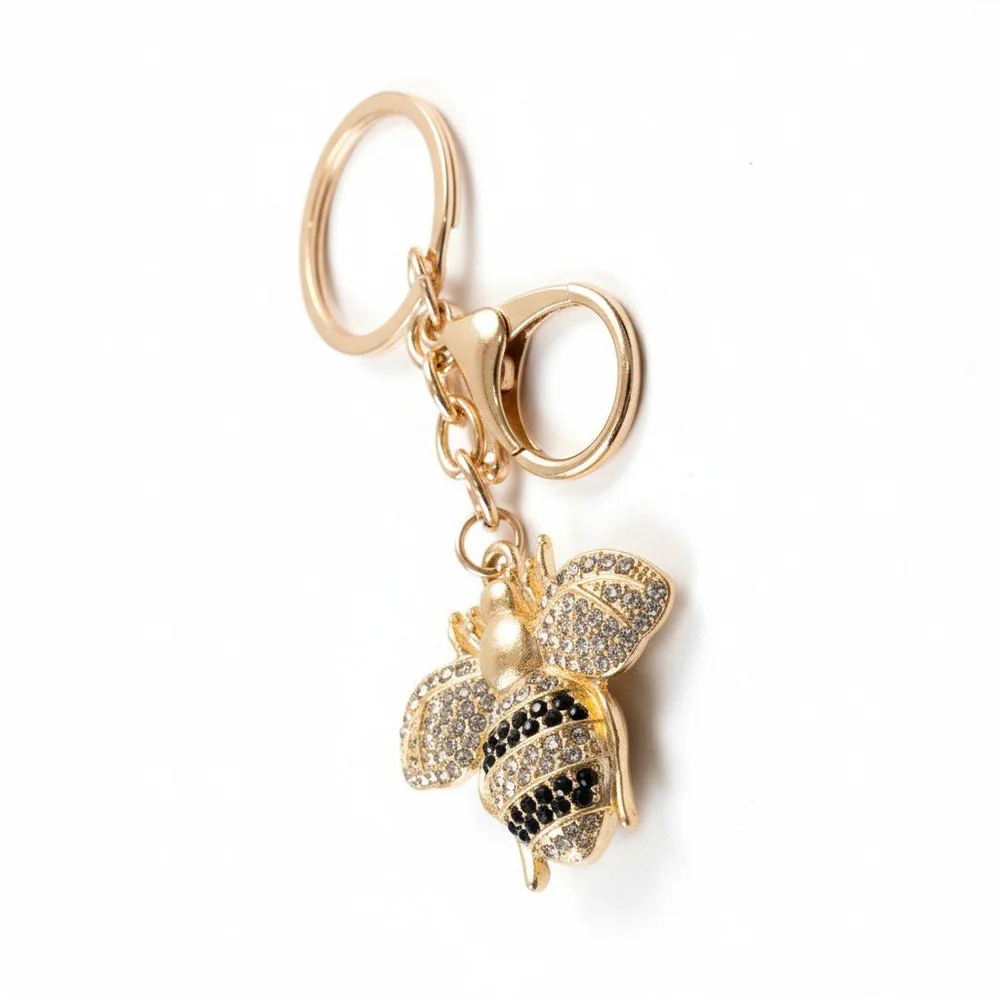 Mint Bumblebee Rhinestone Keychain Purse Backpack Charm in Faux Diamond Onyx